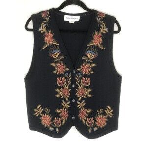 Vtg Norton Mcnaughton Sweater Vest Navy Floral Button 80s 90s Granny Cottage M